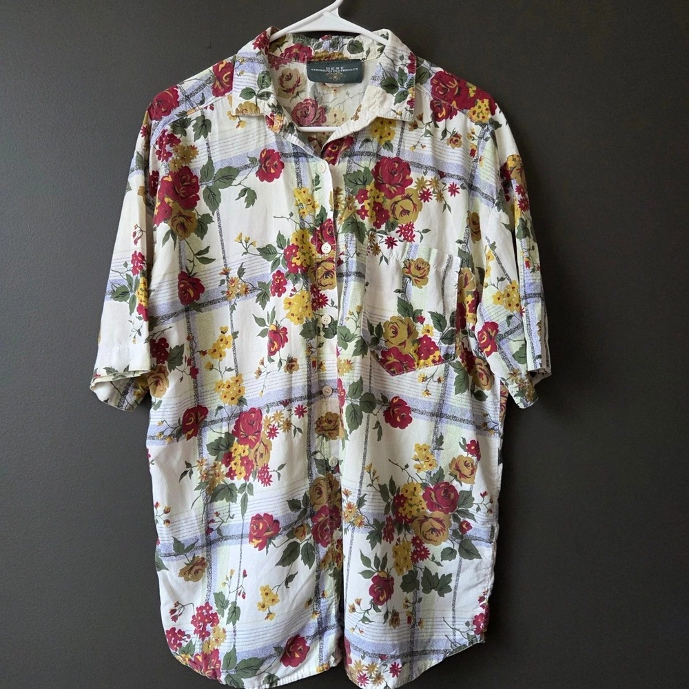 Best American Clothing Co Vintage Floral Plaid Button Down Shirt Large Cottage‎